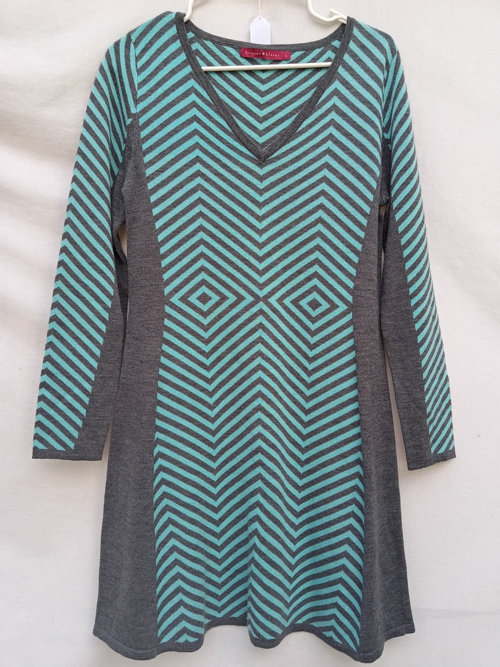 Krimson Klover 100% Merino Wool Teal & Gray Chevron Sweater Dress Large